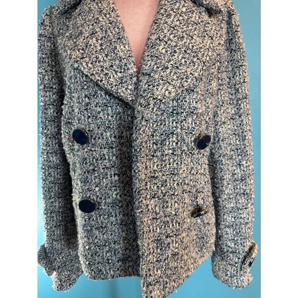 Chico's Boucle Jacket Blazer Open Front, 2 Zipper Pockets Blue White Lined 1 M 8 - Picture 2 of 9